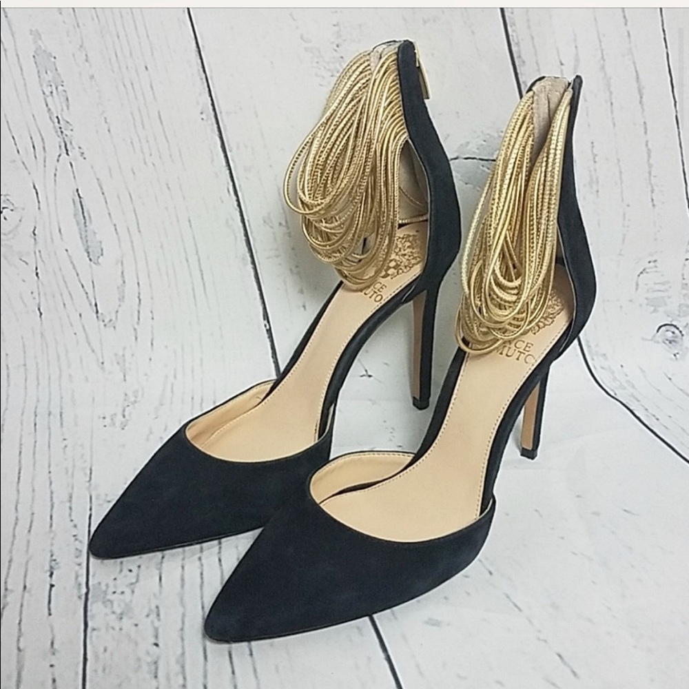 Vince Camuto Nayz black gold strap stilettos 8.5